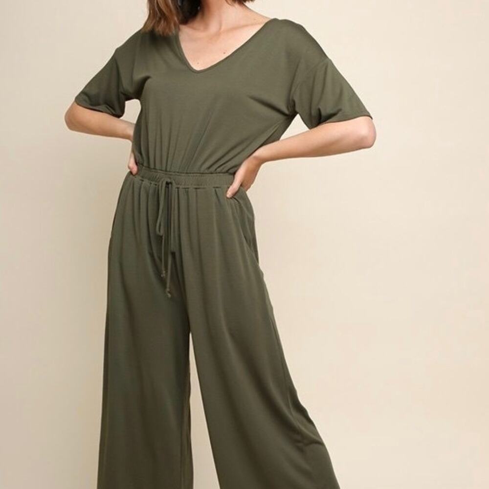 Olive Green Short Sleeve Wide Leg Soft Women's V-Neck Romper Jumpsuit Small
